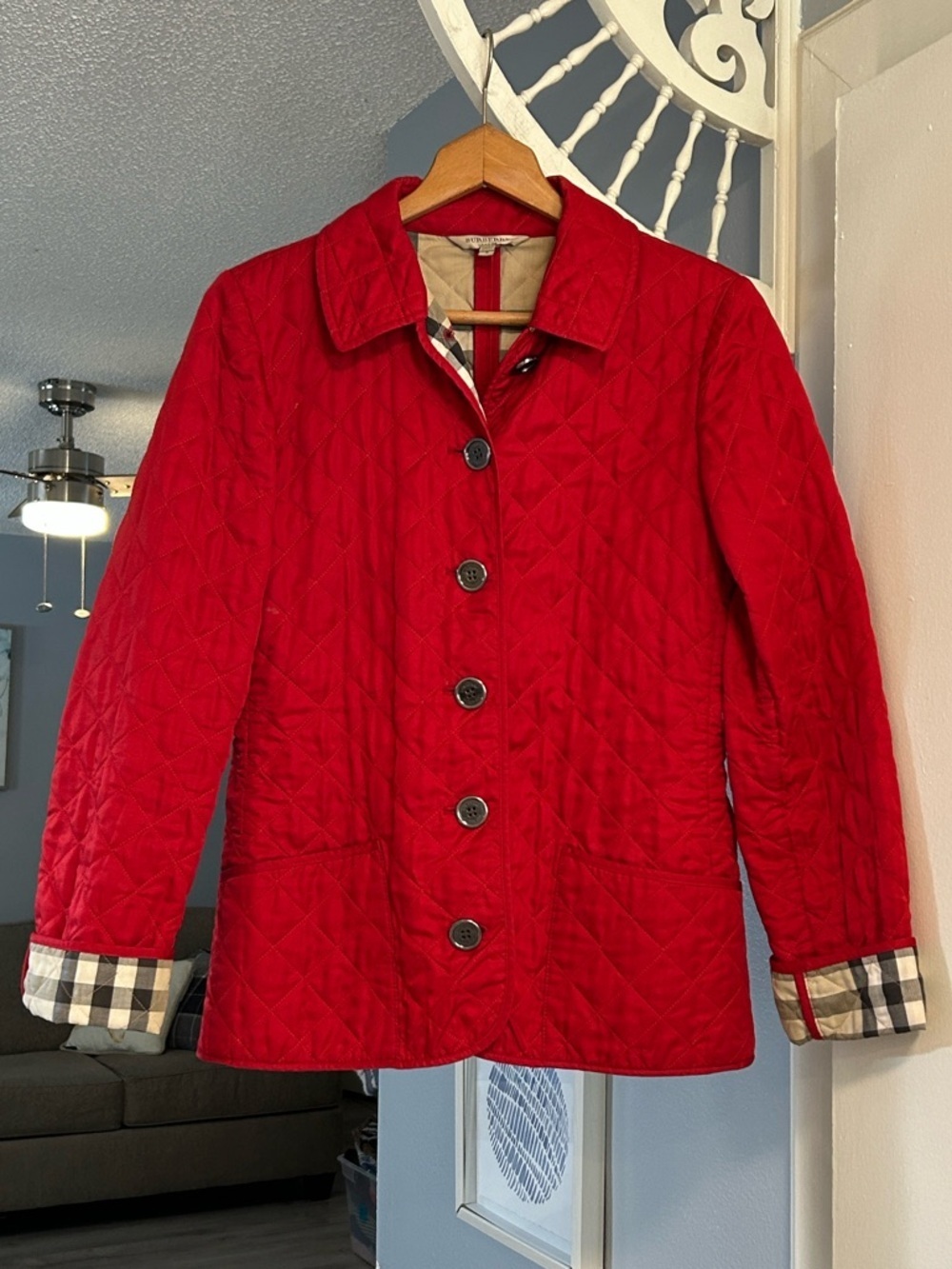 Burberry Women’s Red Quilted Button Jacket with Signature Plaid Lining Size S